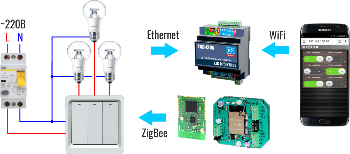 схема подключения Zigbe Smart выключателя